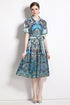 Vivid Fall Peacock Print A-Line, Collared, Belted, Short Sleeve Blue Shirt Vestidos Dress